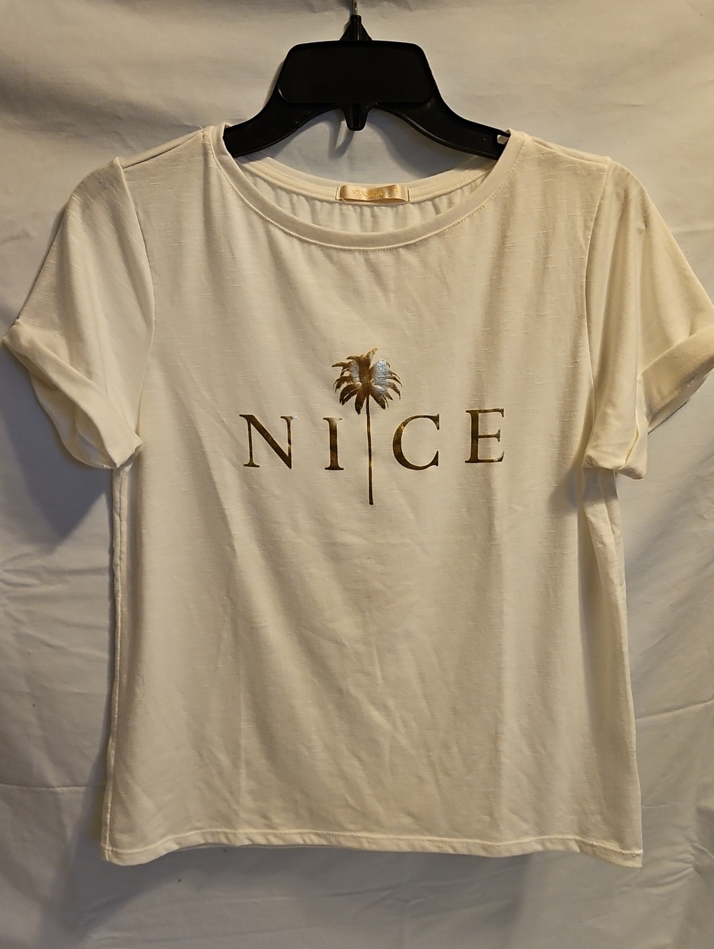 NICE Women's Cream Graphic Tee with Gold Palm (from Brazil).